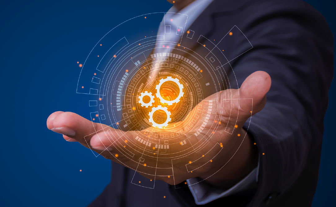 Open palm holding glowing orange gears inside HUD rings on deep navy